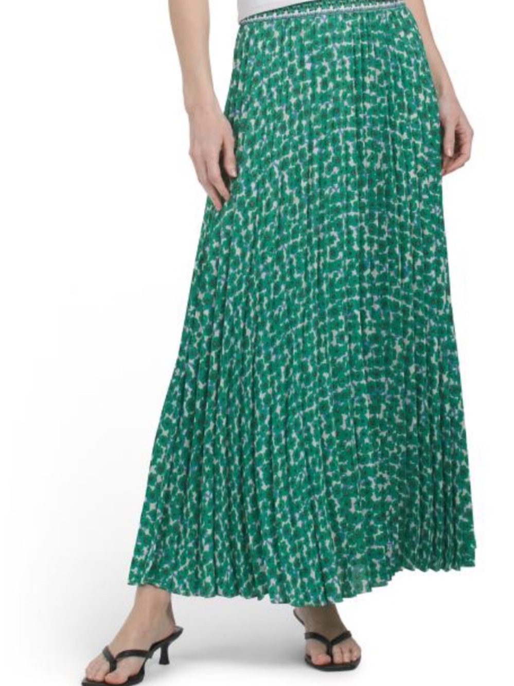Max Studio London Pleated Green Printed Maxi Skirt